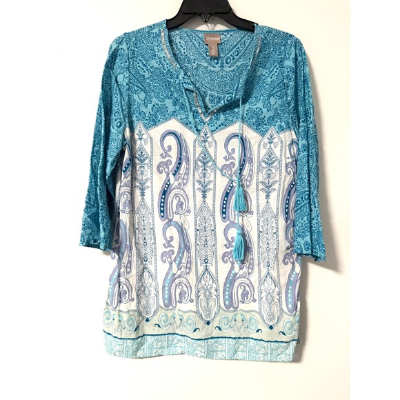 Chico's Tops - Chicos Womens Blue Paisley Cotton Tunic Top Sequin V-Neck Tassel Size 1 Medium